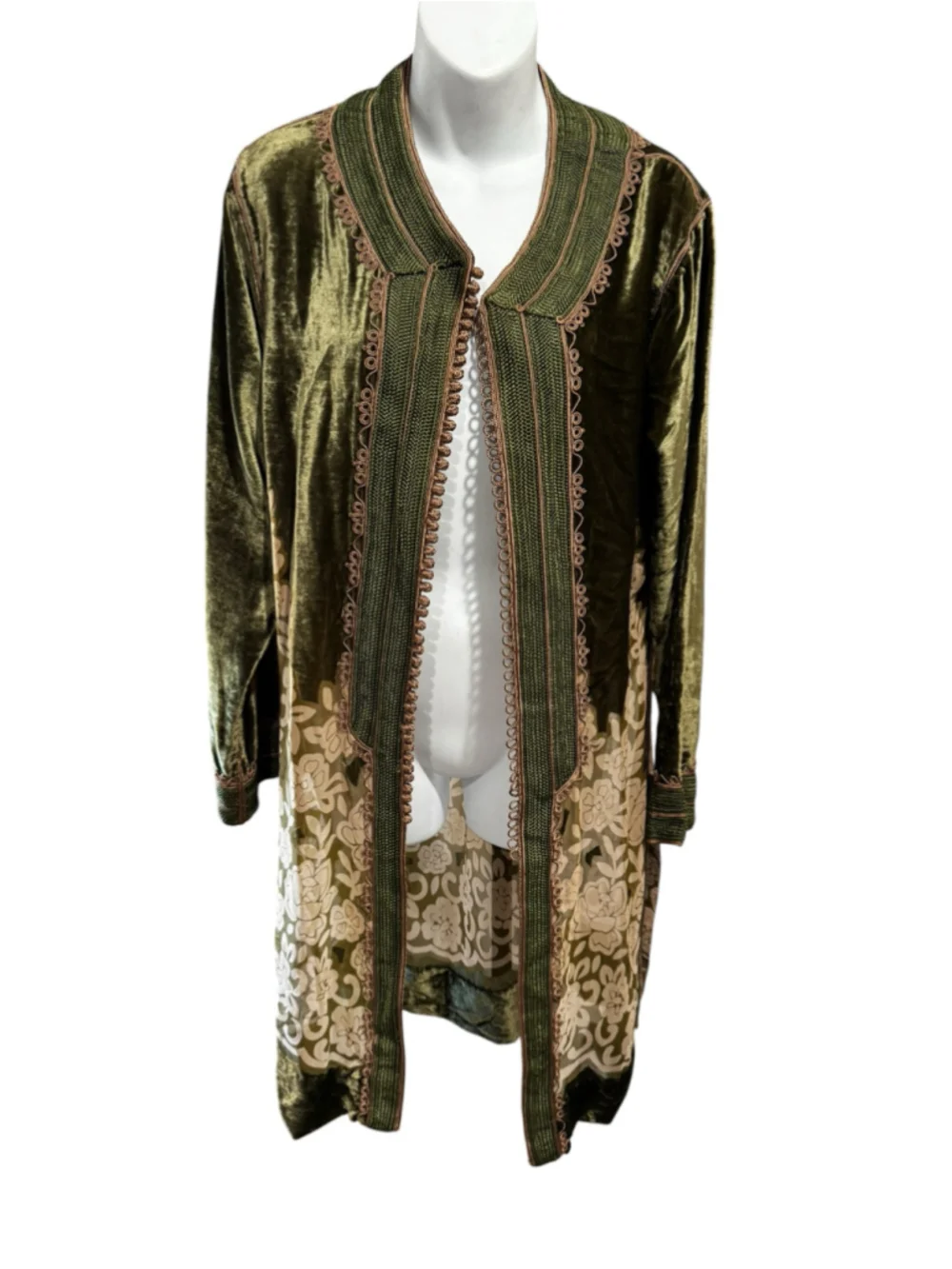 Maison du Cafian Velvet Floral Kaftan Jacket Size M Green Beige